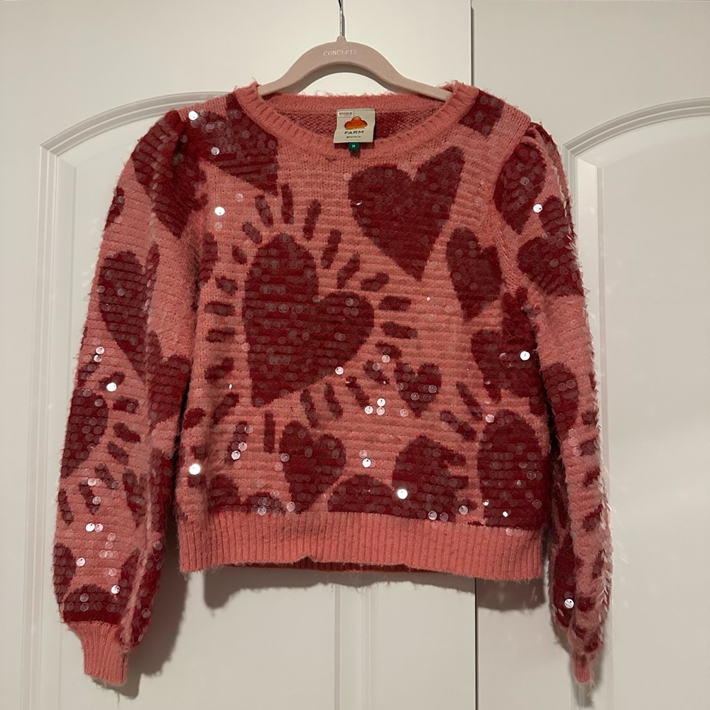 Farm Rio Heart Sequin Crewneck Sweater - Size M - Picture 2 of 5